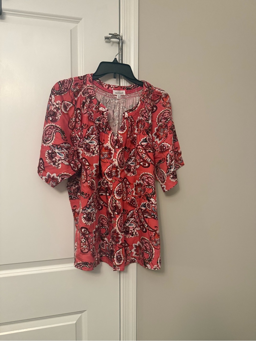 Westbound Coral Paisley Ruffle Front Blouse